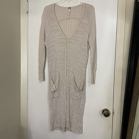 FREE PEOPLE tan knit long lightweight ribbed duster cardigan sweater size XS - Picture 1 of 7